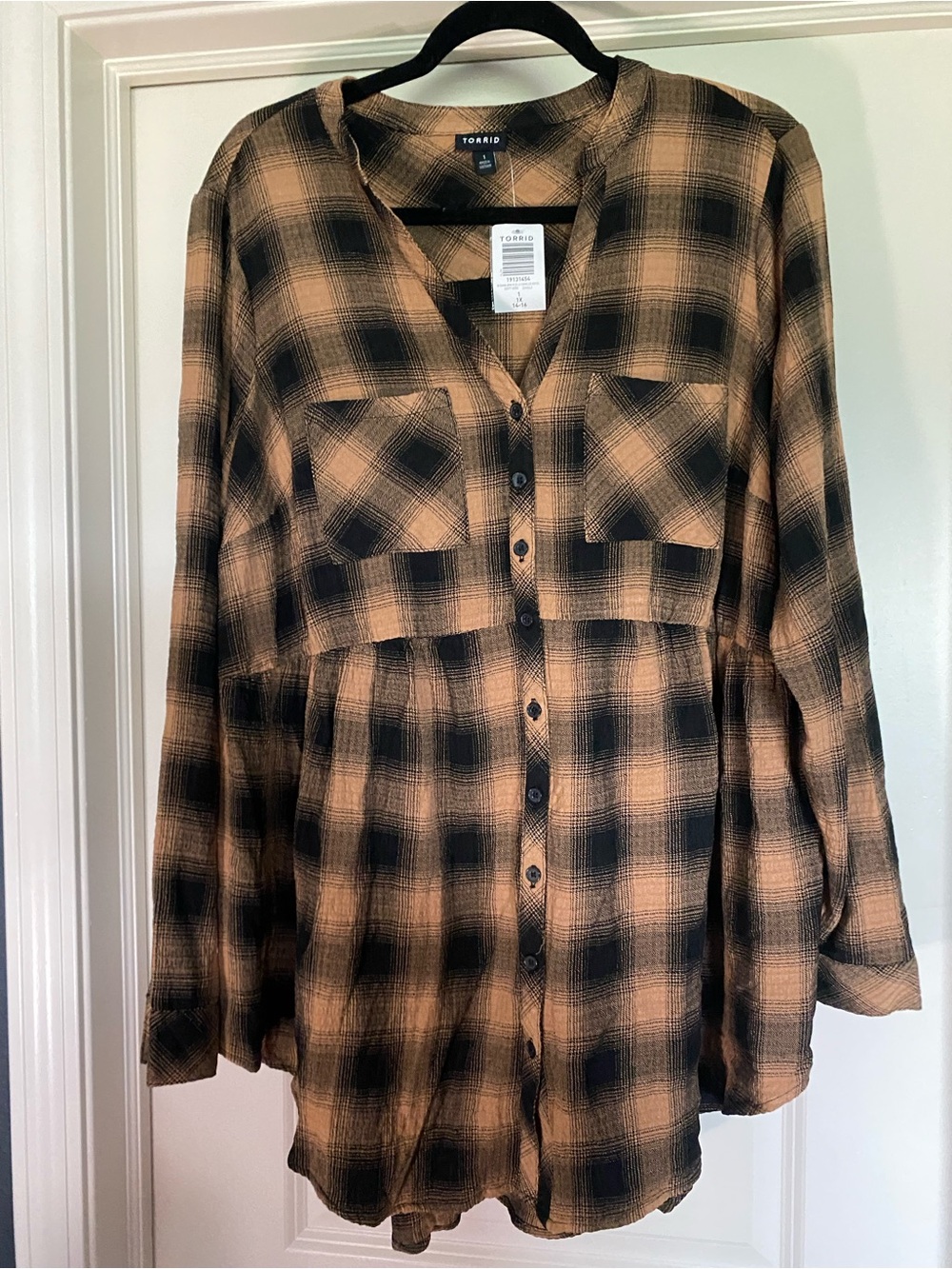 NWT Torrid 1X Brown Black Plaid Babydoll Button Front Tunic Top